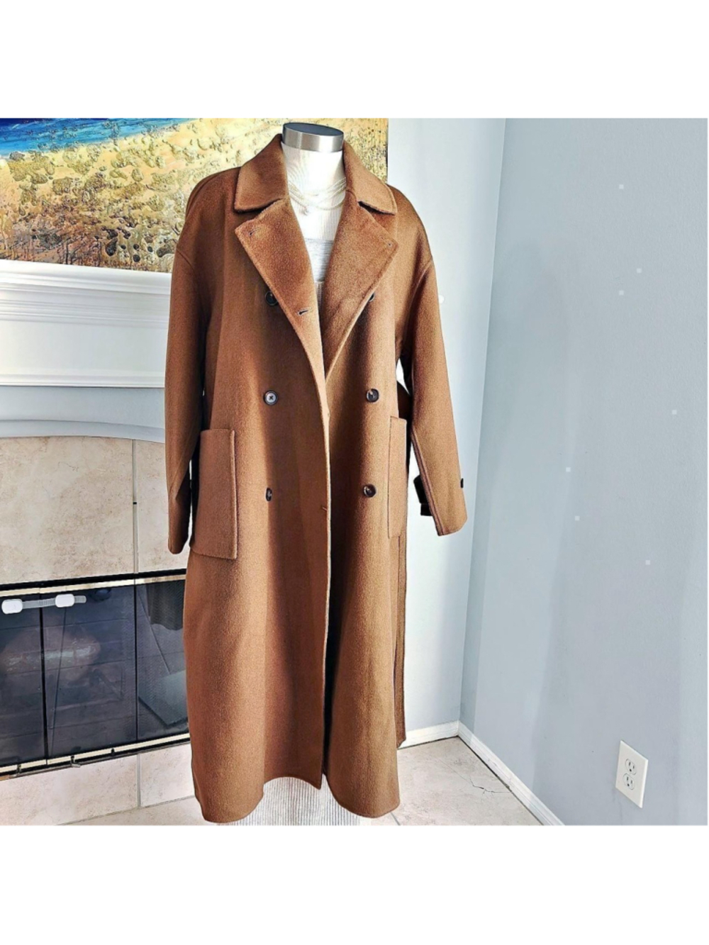 cream/ Brown wool trench coat with belt, featuring a classic design and a warm,